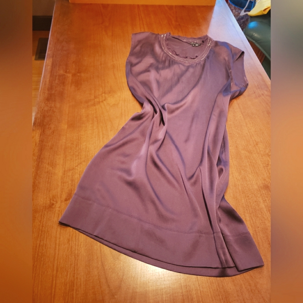 Purple silk dress by Theory with pretty chain detail at the neck